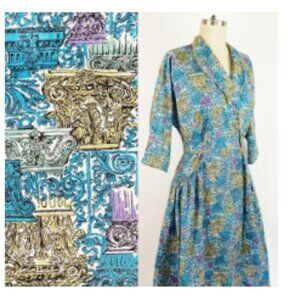Vintage Greek Roman Column A-line Cotton Wrap Dress